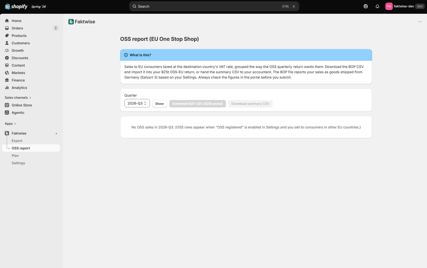 The OSS report page in Faktwise with the BOP CSV download for the BZSt portal