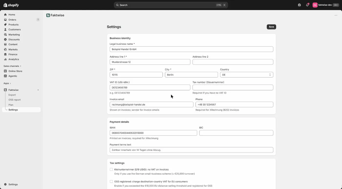 The Faktwise settings form with the required invoice fields